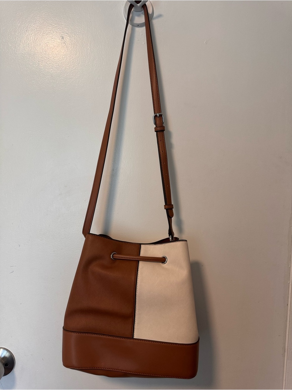 Calvin Klein Two-Tone Cream and Brown Drawstring Shoulder Bag - Picture 2 of 2